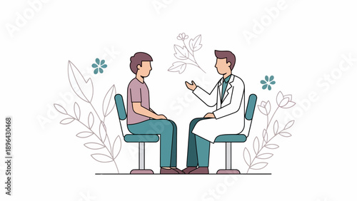 Doctor and patient converse over a clipboard on teal chairs in a calm medical consultation with floral accents, viewed from a front perspective