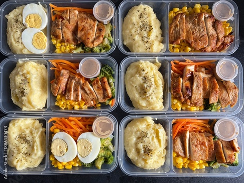 Tableau sur toile Healthy meal prep boxes with grilled chicken and mashed potatoes