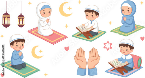 Cute Muslim children praying and reading Quran on prayer mats with lanterns, Ramadan Islamic worship vector illustration