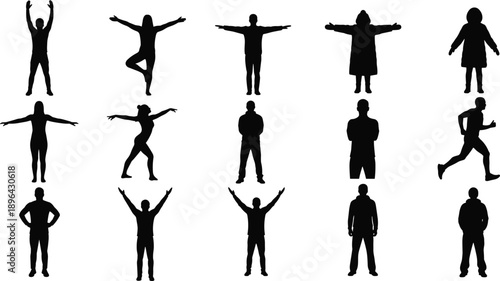Human silhouette poses collection showing standing, yoga, running, arms raised positions, black white people vector illustration set