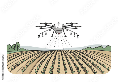 Drone Spraying Crops in Agricultural Field Illustration.