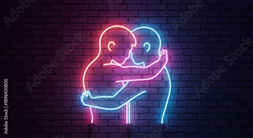 Two figures embracing, outlined in neon lights, against a dark brick wall, creating a warm ambiance in a dimly lit environment from a straightforward viewpoint.