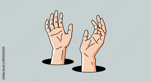 Two hands emerging from holes in a minimalist gray background, reaching out in a gesture of interaction or communication from an unseen perspective.