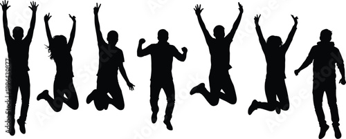 Jumping people silhouettes celebrating success, happy group action pose, energetic youth freedom concept, black human figures isolated white background