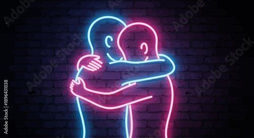 Two neon figures embracing in a warm gesture against a dark brick wall background