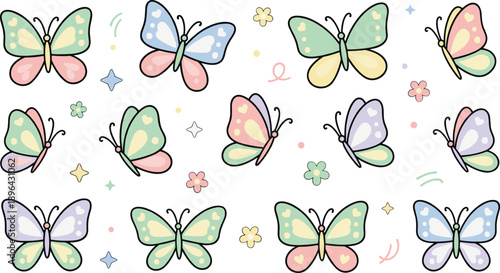 Cute pastel butterfly cartoon icon set with flowers and sparkles, spring nature decorative vector illustration collection