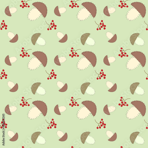 Seamless vector patchwork style pattern with mushrooms and clusters of red rowan berries 