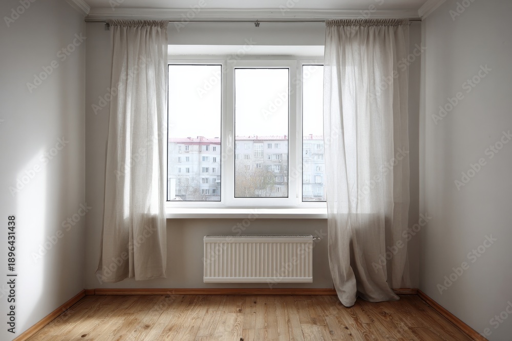 Fototapeta premium Empty interior room features bright window with sheer curtains and radiator below