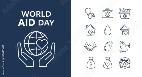 Hands holding the world with various aid icons representing global humanitarian efforts and charity on World Aid Day