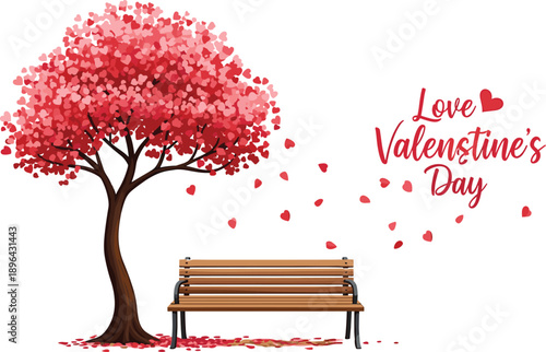Love valentine’s day illustration with heart tree falling petals park bench romantic design for greeting card poster isolated