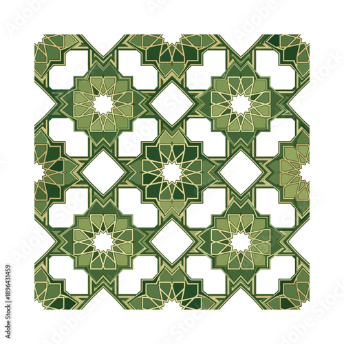 Green and gold patterned tile design on a white background for decoration