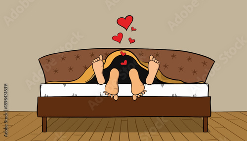 Couple relaxing on a bed with hearts floating above them in a serene bedroom environment viewed from behind