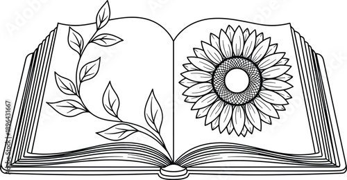 Open Book Line Art Illustration with Floral and Leaf Design Representing Reading, Education, Knowledge, Creativity and Nature Inspired Learning Concept