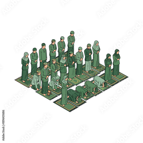 People in green uniforms and headscarves praying on prayer mats in unison.