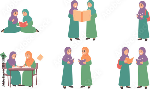 Muslim women students in hijab reading and studying together, Islamic education and friendship cartoon vector illustration set