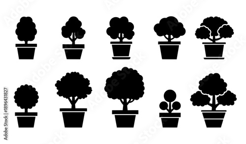 Potted decorative tree silhouette vector set solid black isolated on transparent background