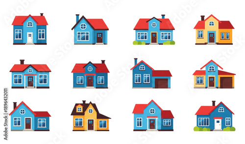 Cottage and suburban residential house vector collection flat home silhouettes isolated on transparent background