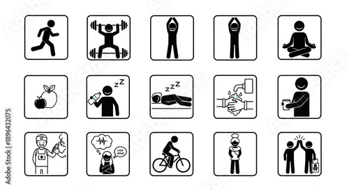 Collection of simple black and white icons depicting various human activities and wellness in a grid pattern.