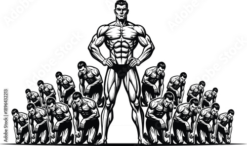 Muscular leader standing strong above kneeling figures symbolizing power strength dominance fitness motivation bodybuilding illustration isolated white background concept art