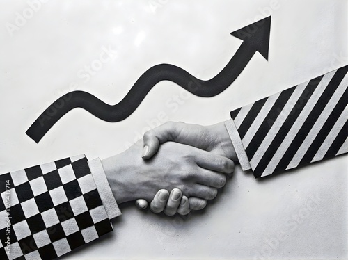 Two Hands Shaking with Rising Arrow Symbolizing Business Growth Agreement Partnership Success Concept
