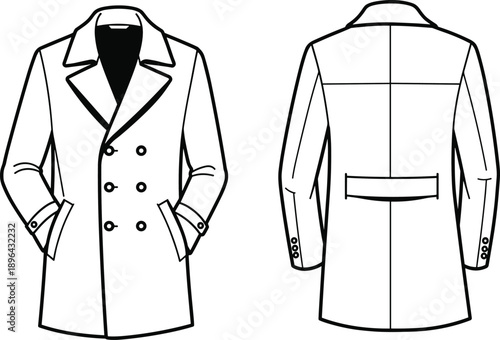 Elegant Double-Breasted Trench Coat for Men and Women, Stylish Outerwear with Lapel Collar, Long Sleeve Fashionable Urban Coat Vector Illustration