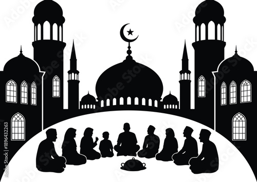 Muslim family gathering illustration Ramadan iftar prayer mosque silhouette Islamic culture community crescent moon black white vector design