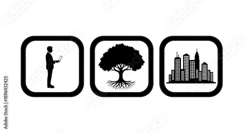 Silhouettes of businessman, tree, and cityscape icons in rounded square frames