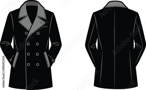 Elegant Double-Breasted Trench Coat with Lapel Collar, Long Sleeve Design, Fashionable Outerwear for Men and Women, Vector Illustration