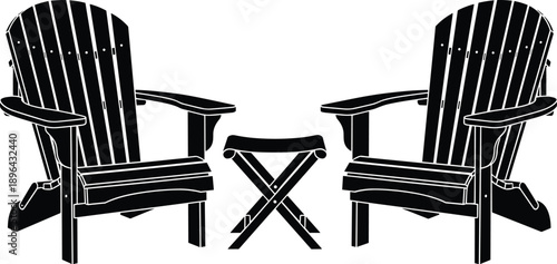 Outdoor wooden chair silhouettes set, classic Adirondack chairs with table, patio furniture design isolated on white background illustration