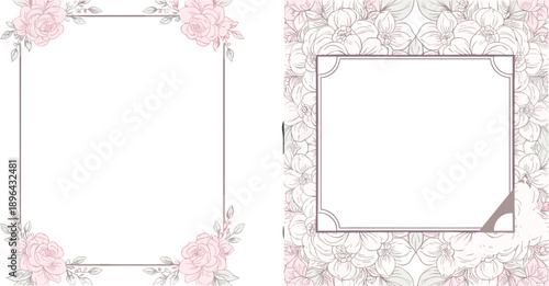 Elegant floral frame borders for invitations, greeting cards, and wedding stationery, featuring soft pink and gray flower designs, perfect for spring, summer, and romantic themes.