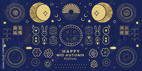 A decorative illustration celebrating the mid autumn festival with lunar and floral motifs