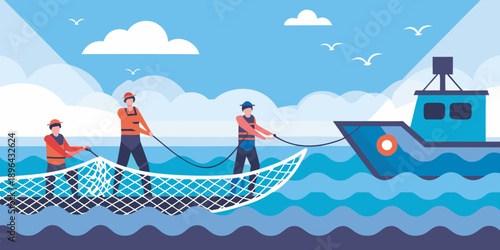 Fishermen hauling a net from a boat on a bright blue day