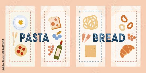 Colorful illustrations of food items including pasta bread and breakfast staples
