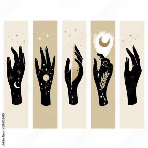 Five dark hands reaching towards celestial bodies and botanical elements