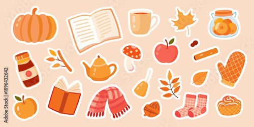 Autumn themed stickers featuring pumpkins books and cozy fall accessories