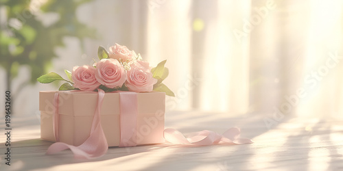 Pink Rose Bouquet in Elegant Gift Box with Soft Sunlight