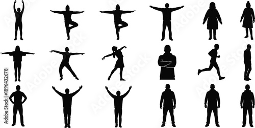 People silhouette collection showing various poses activities yoga walking running standing isolated on white background human lifestyle concept illustration