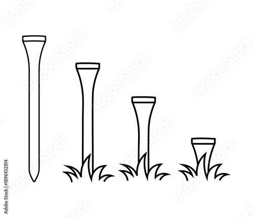Golf tee icons set, outline sports equipment in different heights on grass for golf tournament and practice vector illustration