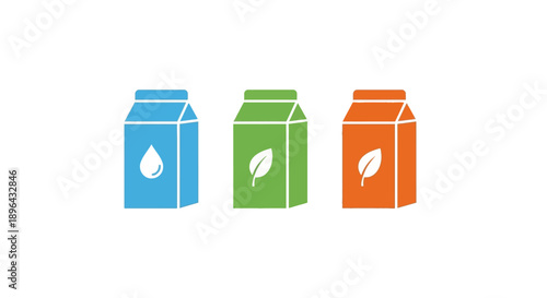 Three colorful cartons with leaf and drop symbols on a plain white background from a straightforward front view