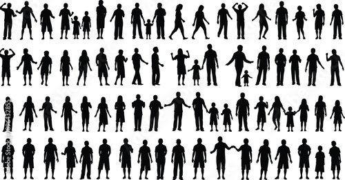 People silhouettes collection, men women children family poses, standing walking holding hands, black human figures isolated vector set illustration design