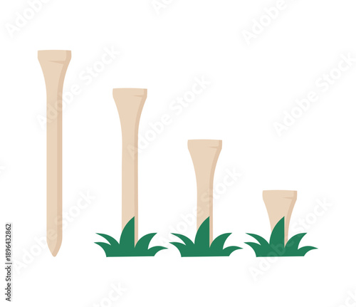 Wooden golf tees set on green grass, flat style professional sport equipment for ball support and height adjustment vector illustration