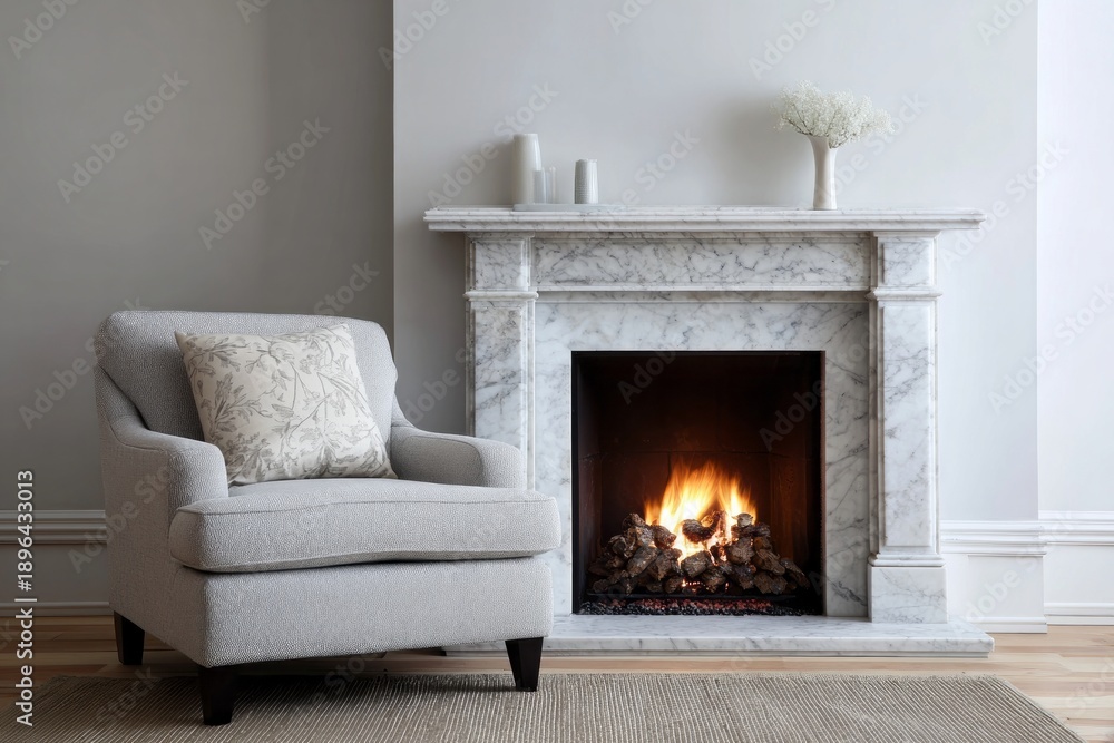Fototapeta premium Comfortable upholstered armchair sits beside a traditional white marble fireplace with a warm fire burning