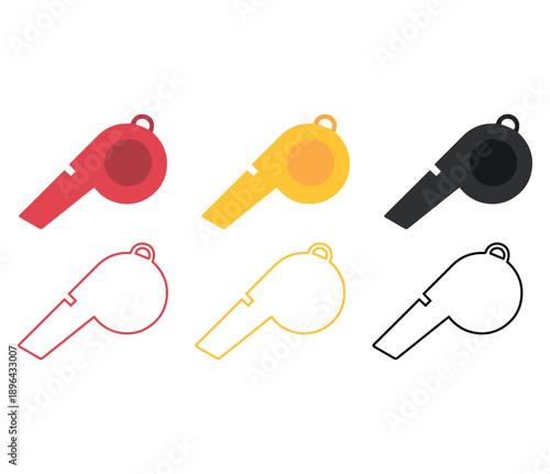Whistle icons set in different styles, flat and line referee equipment for sports competition coaching and emergency vector illustration