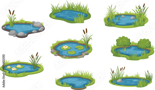 Cartoon pond water elements with grass reeds stones lily pads nature landscape isolated on white background vector set