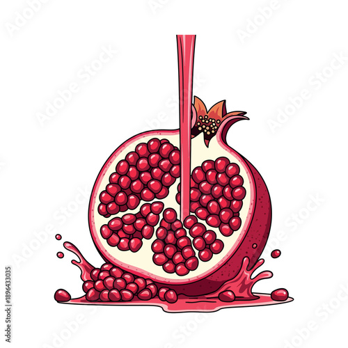 Pomegranate halves spill juice on surface with seeds