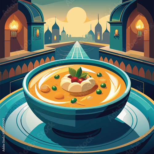 A bowl of colorful soup with Middle Eastern architectural details
