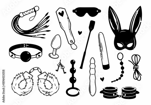 Collection of erotic accessories and fetish gear displayed in a minimalist arrangement on a clean background from a straightforward viewpoint