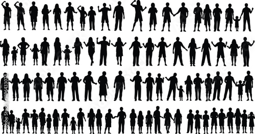 People silhouettes collection, men women children family poses, human figures standing, social diversity, group unity, black vector illustration set