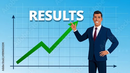 Businessman celebrating successful growth chart pointing upwards green arrow showing positive results and financial progress on grid background