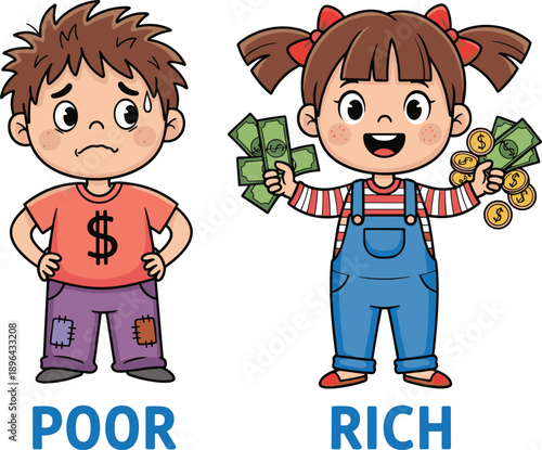 Poor and rich children comparison illustration, financial inequality concept, cartoon kids holding money, education, savings, wealth gap, childhood economics theme